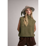 olive sweater vest, mock neck sweater vest, sleeveless knit sweater, relaxed fit sweater vest, lightweight knit vest, women's olive knit top, layering sweater vest, casual fall sweater, oversized sweater vest, mock neck knit top
