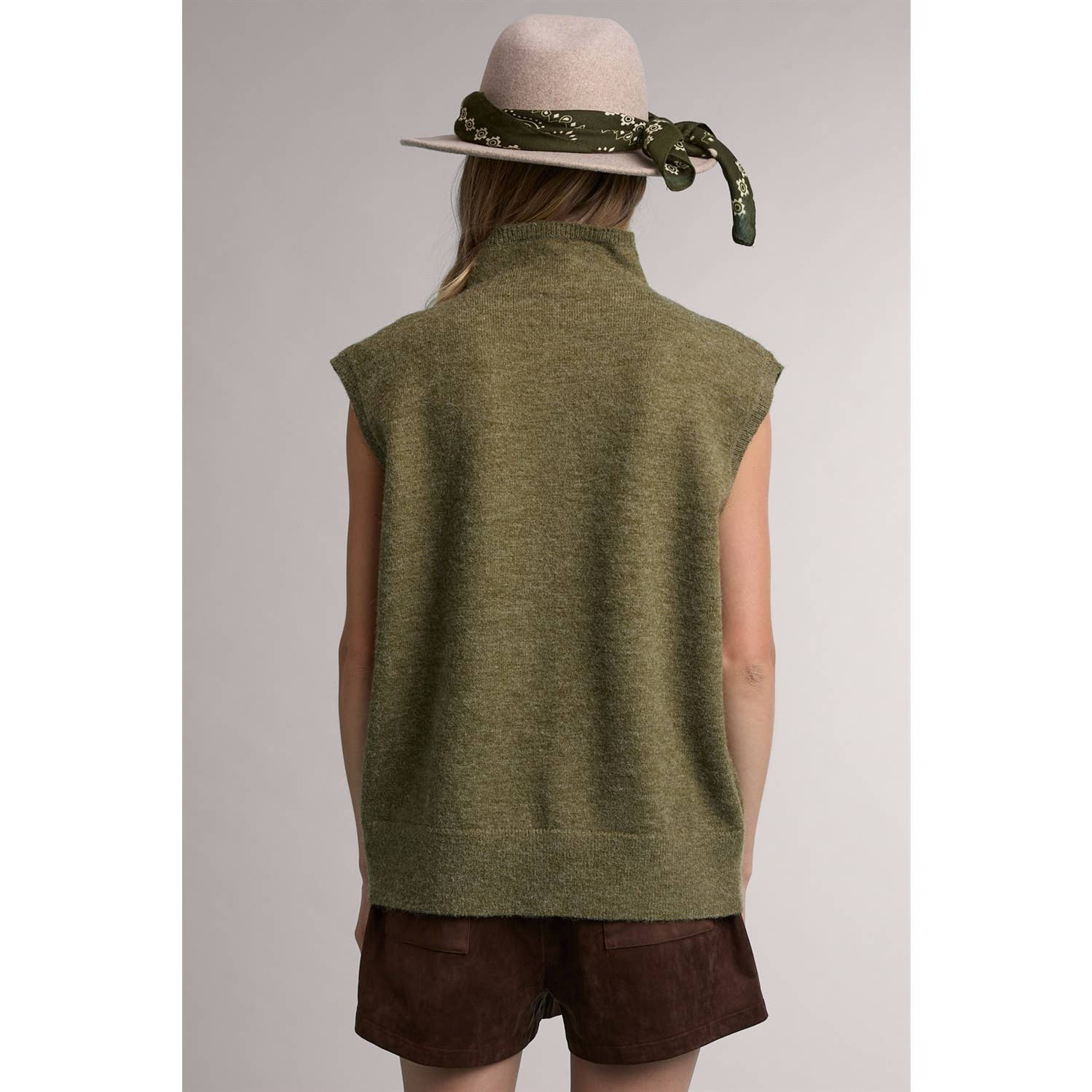 olive sweater vest, mock neck sweater vest, sleeveless knit sweater, relaxed fit sweater vest, lightweight knit vest, women's olive knit top, layering sweater vest, casual fall sweater, oversized sweater vest, mock neck knit top