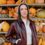 leather jacket, vegan leather jacket, burgundy leather bomber jacket, oversized leather jacket, fall aesthetic, pumpkin patch outfit, fall jacket