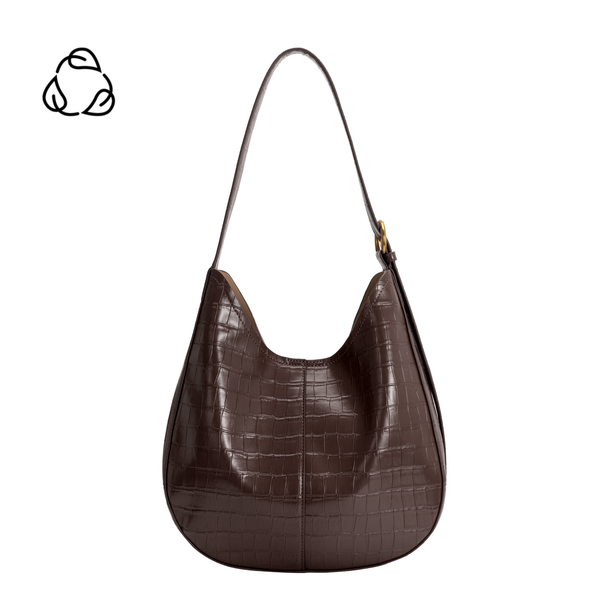 chocolate brown croc embossed vegan leather shoulder bag with adjustable strap and removable zip pouch