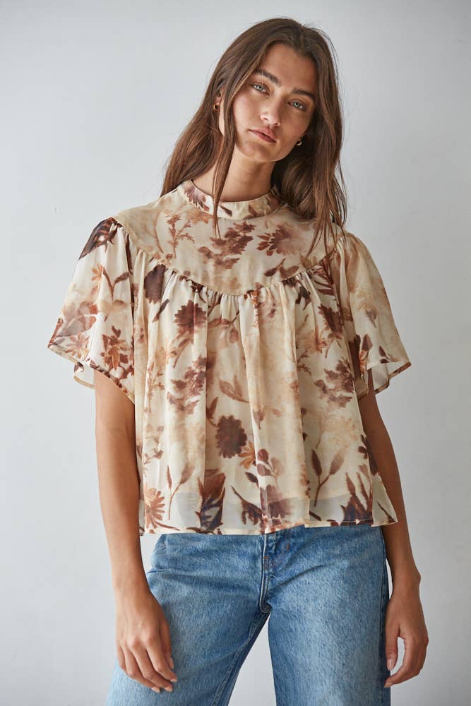 women's cream floral blouse, cream and brown floral top, brown floral blouse women, floral mock neck blouse, fall floral blouse, women's chiffon floral top, short sleeve floral blouse, flutter sleeve floral top, vintage floral blouse, western floral blouse, prairie floral top, boho western blouse, women's fall blouse, neutral floral top, cream fall top women, brown floral fall top, floral top with jeans, western fall outfit women, cowgirl fall outfit, women's western clothing, women's boutique tops