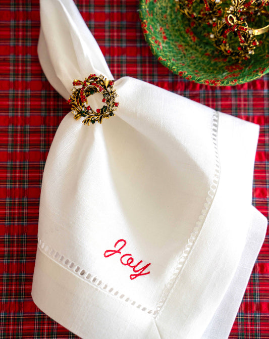 Holiday Words Linen Napkin Set — White, Set of Four