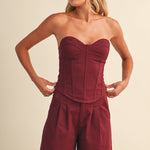 burgundy corset top, sweetheart neckline top, strapless corset top, structured corset top, burgundy going out top, women's corset top, matching set top, fall outfit, boutique corset top, west of may boutique