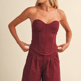 burgundy corset top, sweetheart neckline top, strapless corset top, structured corset top, burgundy going out top, women's corset top, matching set top, fall outfit, boutique corset top, west of may boutique