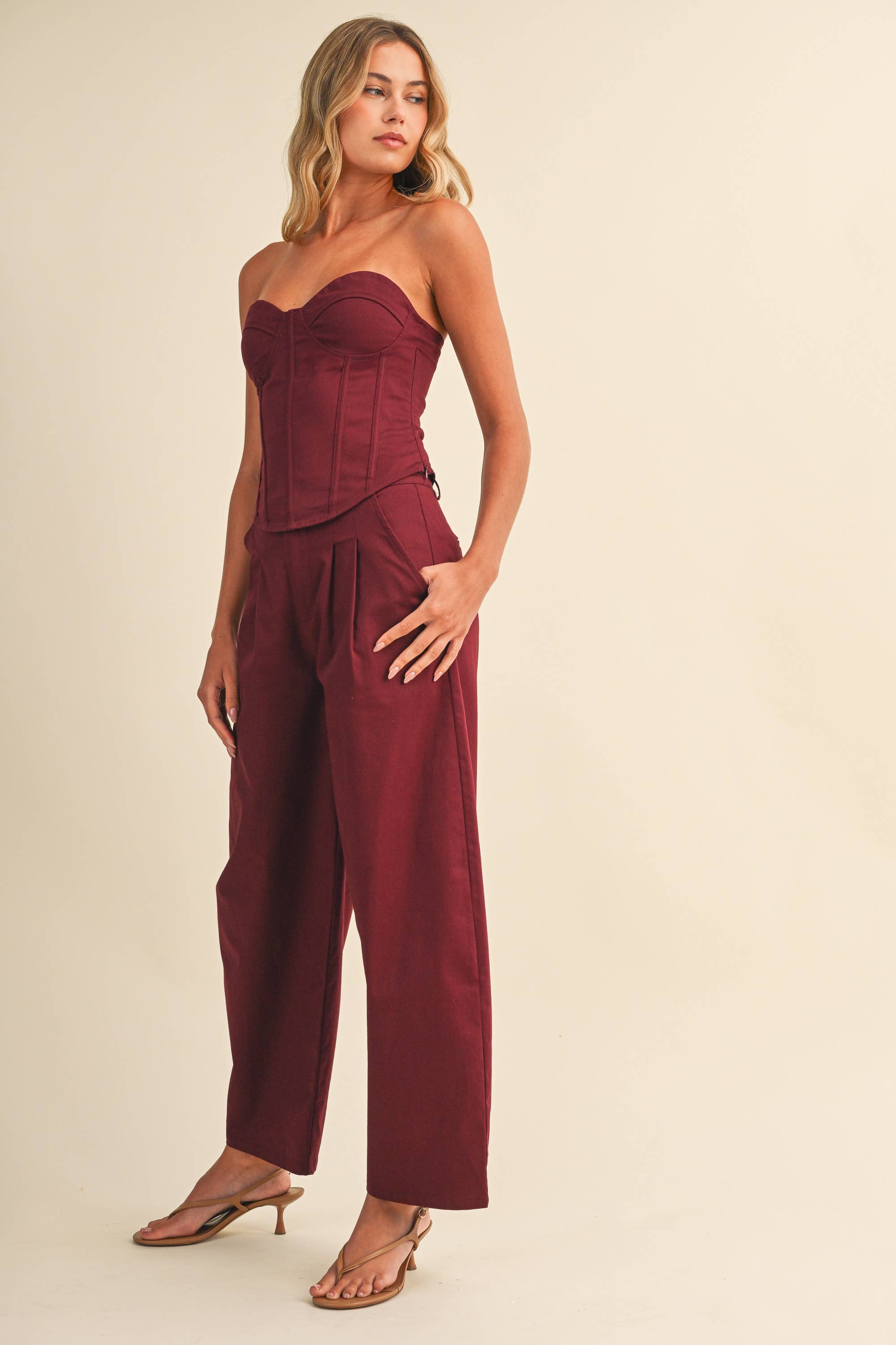 burgundy wide leg pants, pleated wide leg pants, high waisted trousers, women's burgundy pants, matching set pants, dressy wide leg pants, fall trousers, elegant women's pants, boutique clothing, west of may boutique