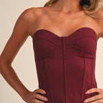 burgundy corset top, sweetheart neckline top, strapless corset top, structured corset top, burgundy going out top, women's corset top, matching set top, fall outfit, boutique corset top, west of may boutique