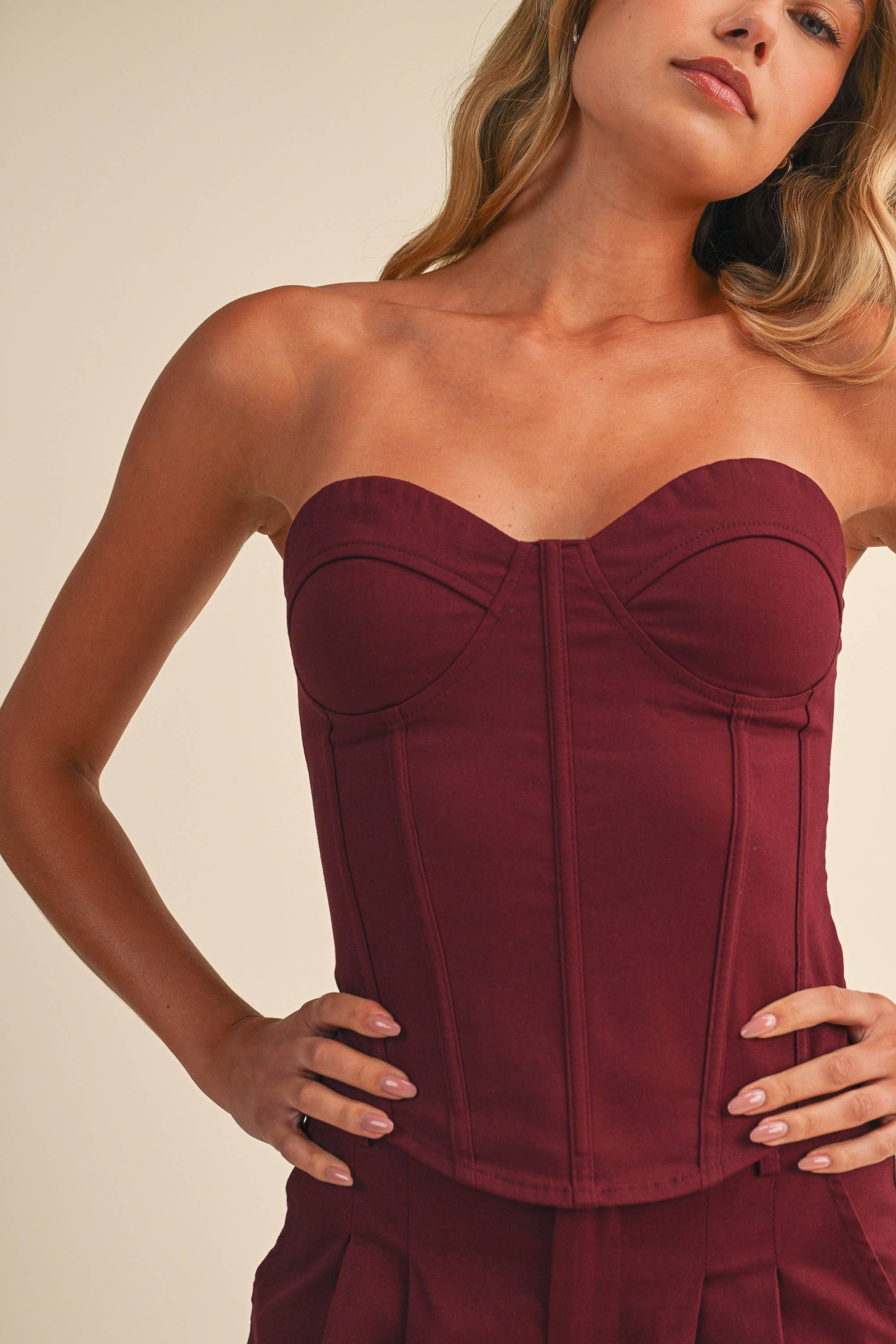 burgundy corset top, sweetheart neckline top, strapless corset top, structured corset top, burgundy going out top, women's corset top, matching set top, fall outfit, boutique corset top, west of may boutique