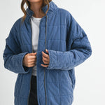quilted oversized jacket, denim blue quilted cotton jacket, lightweight fall jacket women, oversized zip front jacket, washed cotton quilted coat, casual layering jacket, dolman sleeve jacket, relaxed fit quilted outerwear, free people quilted jacket dupe