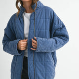quilted oversized jacket, denim blue quilted cotton jacket, lightweight fall jacket women, oversized zip front jacket, washed cotton quilted coat, casual layering jacket, dolman sleeve jacket, relaxed fit quilted outerwear, free people quilted jacket dupe