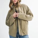 quilted oversized jacket, olive quilted cotton jacket, lightweight fall jacket women, oversized zip front jacket, washed cotton quilted coat, casual layering jacket, dolman sleeve jacket, relaxed fit quilted outerwear, free people jacket dupe