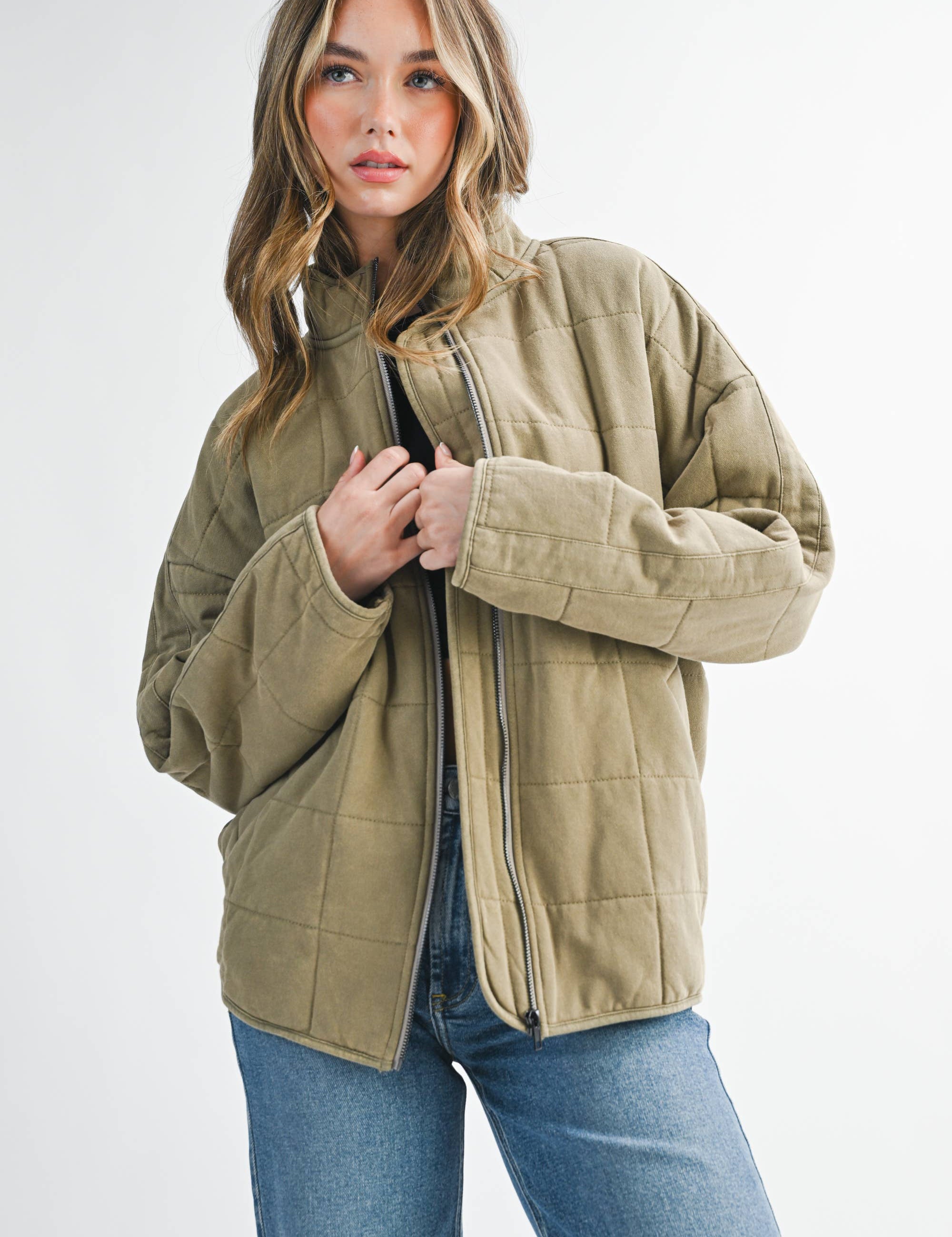 quilted oversized jacket, olive quilted cotton jacket, lightweight fall jacket women, oversized zip front jacket, washed cotton quilted coat, casual layering jacket, dolman sleeve jacket, relaxed fit quilted outerwear, free people jacket dupe