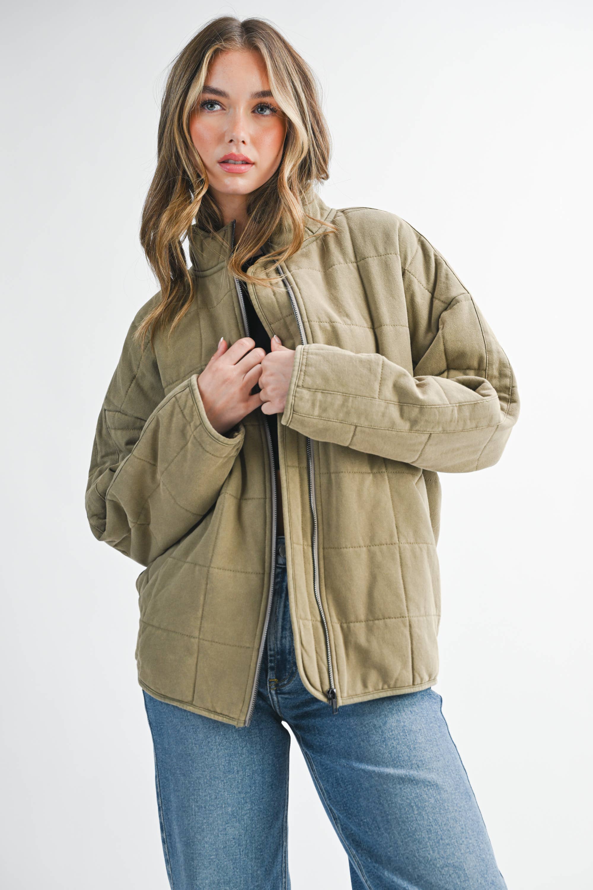 quilted oversized jacket, olive quilted cotton jacket, lightweight fall jacket women, oversized zip front jacket, washed cotton quilted coat, casual layering jacket, dolman sleeve jacket, relaxed fit quilted outerwear, free people jacket dupe