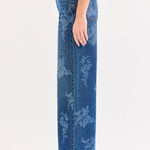 dark wash floral wide leg jeans, high rise floral denim, women's wide leg jeans, embroidered look floral wash denim, boutique denim, relaxed fit jeans, full length wide leg jeans, West of May Boutique