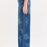 dark wash floral wide leg jeans, high rise floral denim, women's wide leg jeans, embroidered look floral wash denim, boutique denim, relaxed fit jeans, full length wide leg jeans, West of May Boutique