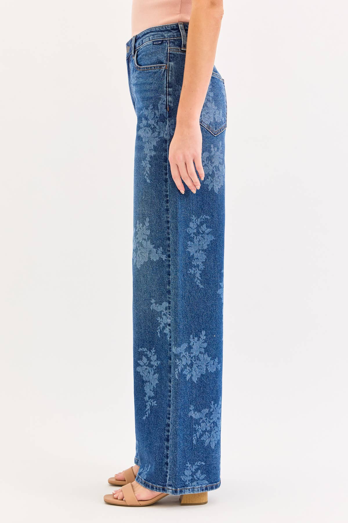 dark wash floral wide leg jeans, high rise floral denim, women's wide leg jeans, embroidered look floral wash denim, boutique denim, relaxed fit jeans, full length wide leg jeans, West of May Boutique