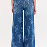 dark wash floral wide leg jeans, high rise floral denim, women's wide leg jeans, embroidered look floral wash denim, boutique denim, relaxed fit jeans, full length wide leg jeans, West of May Boutique