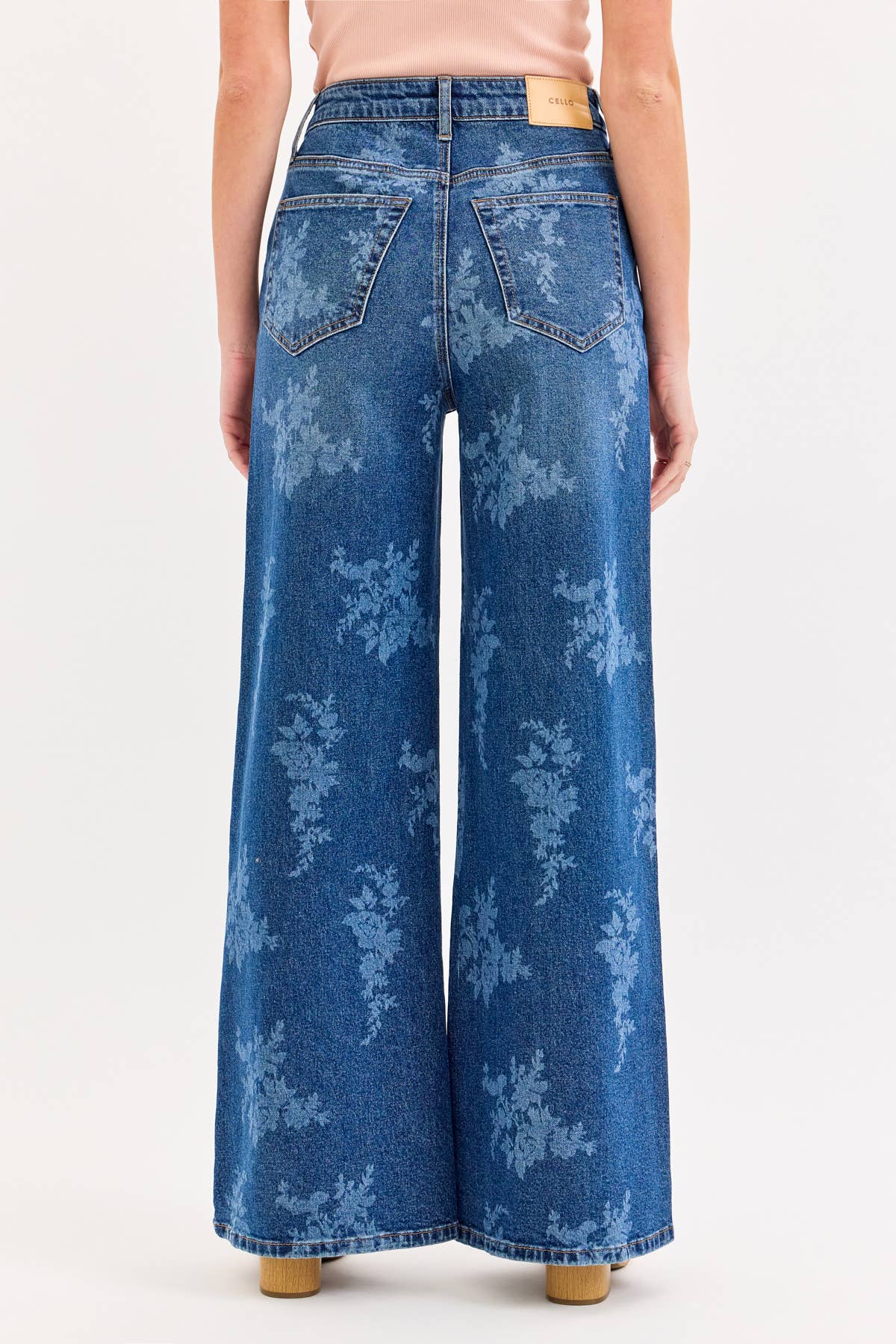 dark wash floral wide leg jeans, high rise floral denim, women's wide leg jeans, embroidered look floral wash denim, boutique denim, relaxed fit jeans, full length wide leg jeans, West of May Boutique