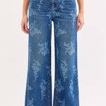 dark wash floral wide leg jeans, high rise floral denim, women's wide leg jeans, embroidered look floral wash denim, boutique denim, relaxed fit jeans, full length wide leg jeans, West of May Boutique