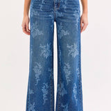 dark wash floral wide leg jeans, high rise floral denim, women's wide leg jeans, embroidered look floral wash denim, boutique denim, relaxed fit jeans, full length wide leg jeans, West of May Boutique