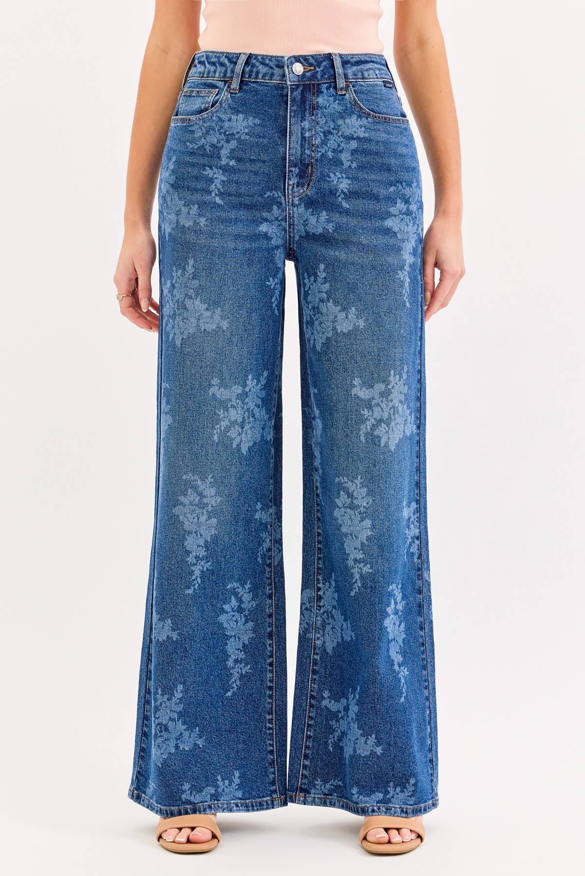 dark wash floral wide leg jeans, high rise floral denim, women's wide leg jeans, embroidered look floral wash denim, boutique denim, relaxed fit jeans, full length wide leg jeans, West of May Boutique