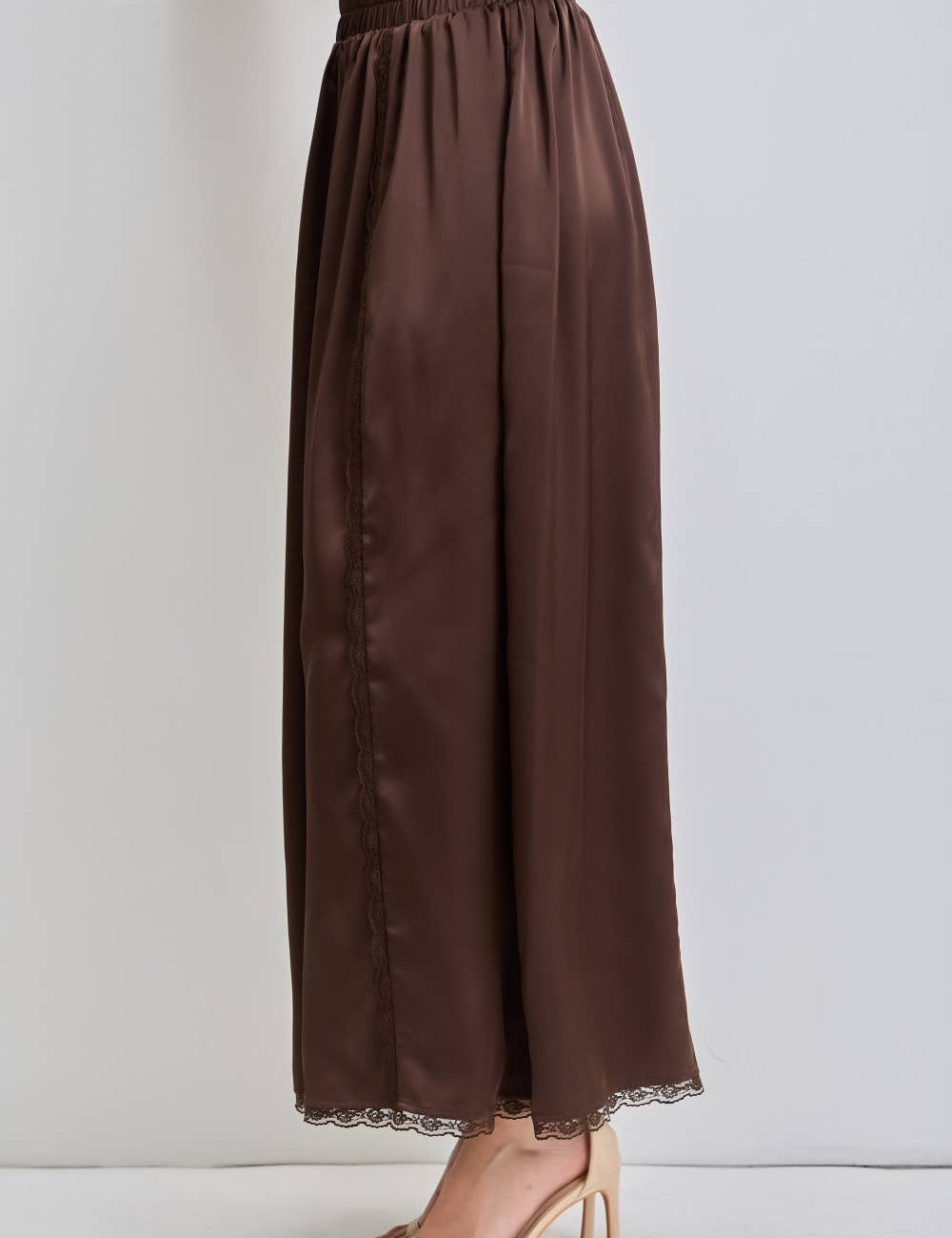 chocolate satin pants, brown satin pants, satin wide leg pants, lace trim pants, lace satin pants, matching set pants, chocolate matching set, pajama style pants, flowy wide leg pants, elastic waist pants, women's satin pants, plus size satin pants, western boutique clothing
