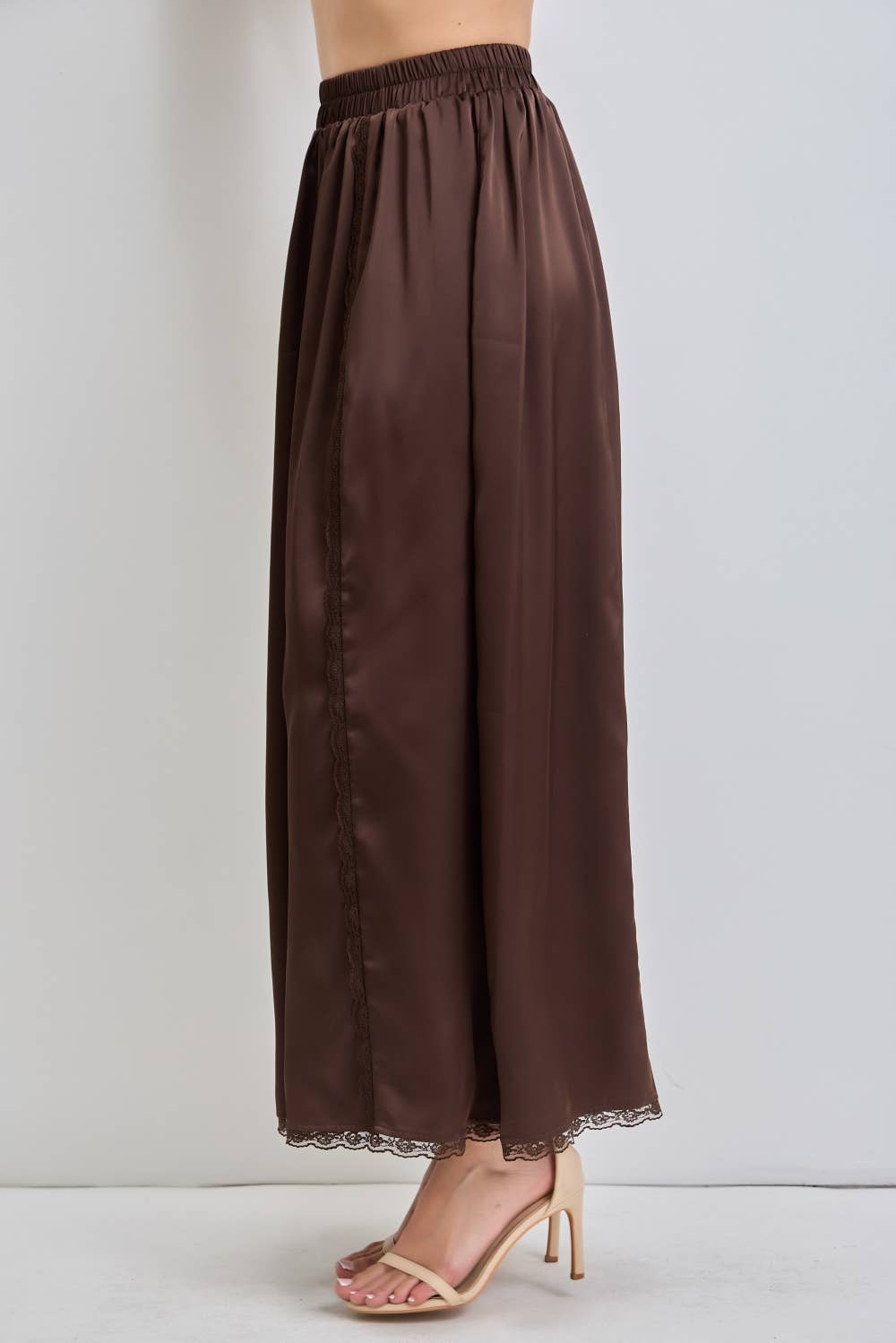 chocolate satin pants, brown satin pants, satin wide leg pants, lace trim pants, lace satin pants, matching set pants, chocolate matching set, pajama style pants, flowy wide leg pants, elastic waist pants, women's satin pants, plus size satin pants, western boutique clothing