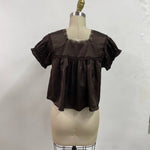 chocolate brown satin v-neck top with lace trim, empire waist and short flutter sleeves