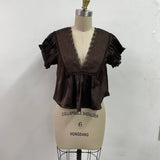 chocolate brown satin v-neck top with lace trim, empire waist and short flutter sleeves