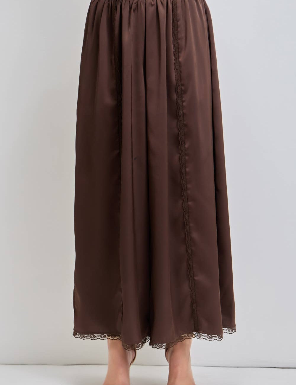 chocolate brown satin wide leg pants with elastic waist, vertical lace insets and scalloped lace hem