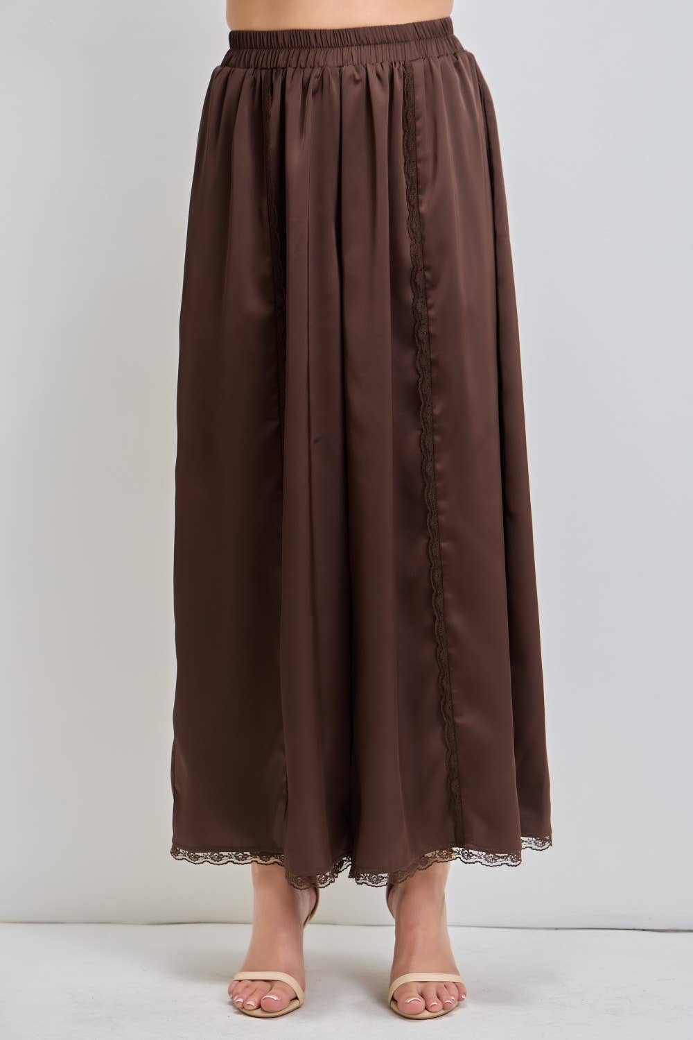 chocolate brown satin wide leg pants with elastic waist, vertical lace insets and scalloped lace hem