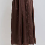 chocolate brown satin wide leg pants with elastic waist, vertical lace insets and scalloped lace hem