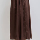 chocolate brown satin wide leg pants with elastic waist, vertical lace insets and scalloped lace hem