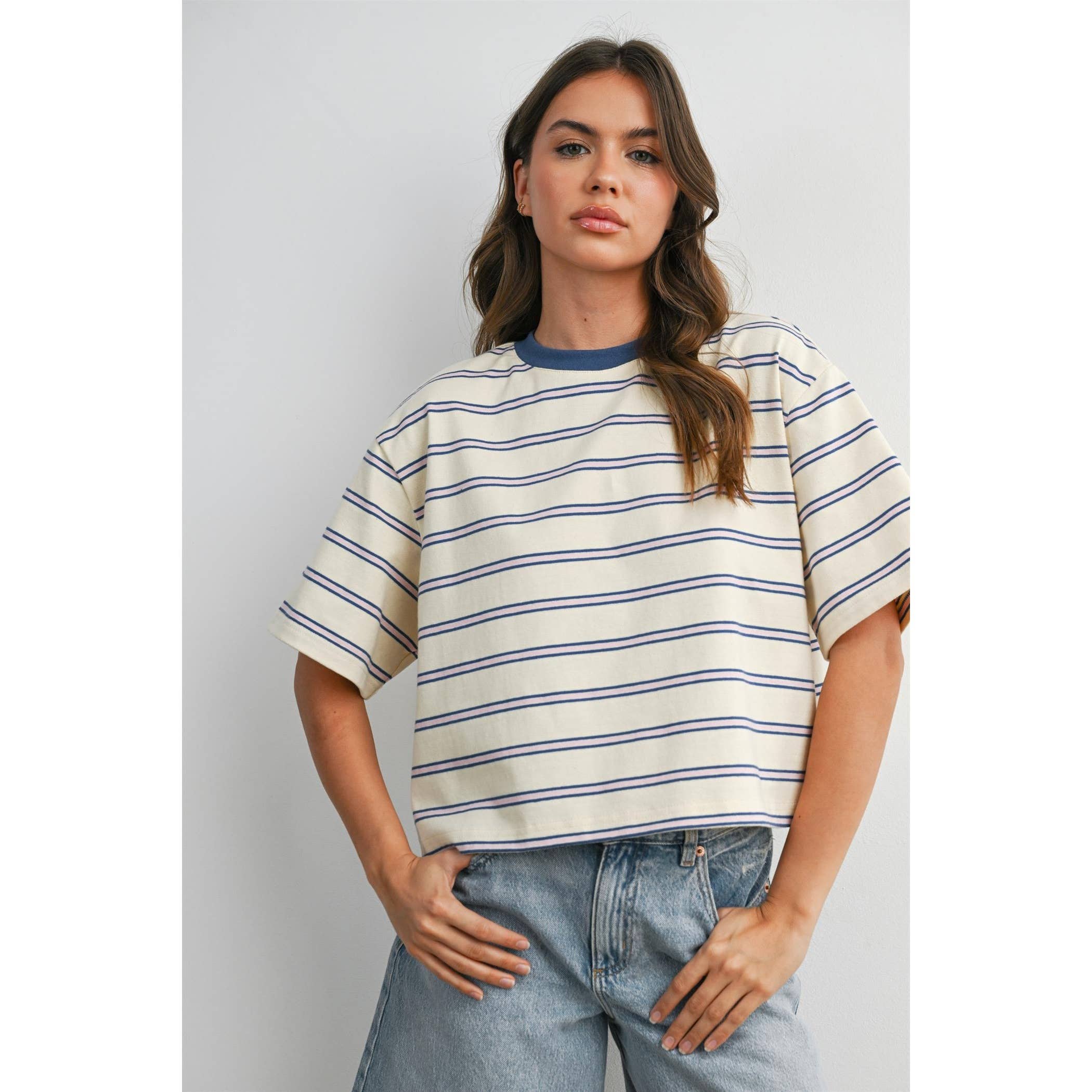 striped cropped tee
boxy striped t shirt
contrast collar stripe tee
cropped cotton stripe shirt
vintage inspired stripe tee
heavyweight cotton t shirt
preppy stripe tee women
structured stripe tee
boutique stripe t shirt
west of may tee