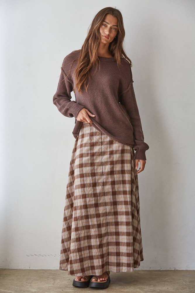 brown plaid midi skirt, plaid maxi skirt, fall midi skirt, brown gingham skirt, matching skirt set, plaid matching set, western midi skirt, boho plaid skirt, full midi skirt, elastic waist skirt, brown fall skirt, Antelope skirt, Antelope matching set