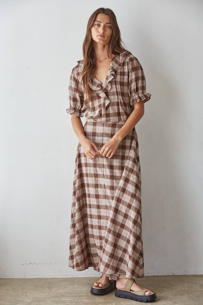 women's brown plaid top, brown plaid blouse, brown and cream plaid top, plaid ruffle blouse, ruffle v neck top, women's plaid fall top, western plaid top, cowgirl plaid shirt, puff sleeve plaid blouse, women's western top, brown fall blouse, country concert outfit women, western fall outfit women, plaid matching set women, matching top and skirt set, brown plaid matching set, fall matching set women, western matching set, plaid top with jeans, fall top with cowboy boots, women's boutique fall clothing
