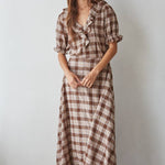 women's brown plaid top, brown plaid blouse, brown and cream plaid top, plaid ruffle blouse, ruffle v neck top, women's plaid fall top, western plaid top, cowgirl plaid shirt, puff sleeve plaid blouse, women's western top, brown fall blouse, country concert outfit women, western fall outfit women, plaid matching set women, matching top and skirt set, brown plaid matching set, fall matching set women, western matching set, plaid top with jeans, fall top with cowboy boots, women's boutique fall clothing