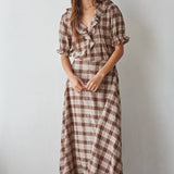 women's brown plaid top, brown plaid blouse, brown and cream plaid top, plaid ruffle blouse, ruffle v neck top, women's plaid fall top, western plaid top, cowgirl plaid shirt, puff sleeve plaid blouse, women's western top, brown fall blouse, country concert outfit women, western fall outfit women, plaid matching set women, matching top and skirt set, brown plaid matching set, fall matching set women, western matching set, plaid top with jeans, fall top with cowboy boots, women's boutique fall clothing