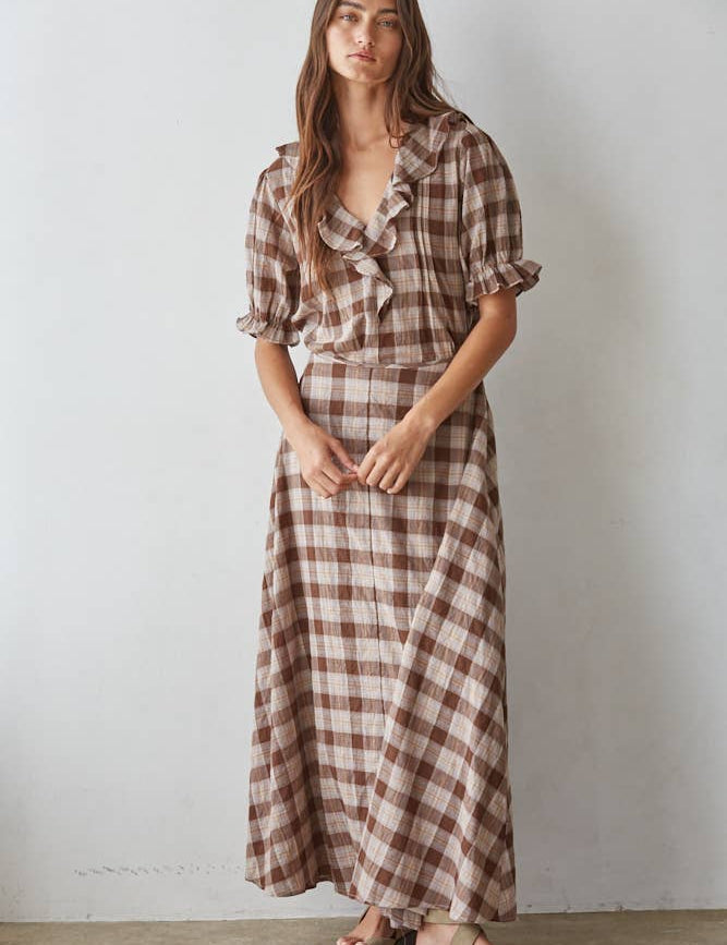 women's brown plaid top, brown plaid blouse, brown and cream plaid top, plaid ruffle blouse, ruffle v neck top, women's plaid fall top, western plaid top, cowgirl plaid shirt, puff sleeve plaid blouse, women's western top, brown fall blouse, country concert outfit women, western fall outfit women, plaid matching set women, matching top and skirt set, brown plaid matching set, fall matching set women, western matching set, plaid top with jeans, fall top with cowboy boots, women's boutique fall clothing