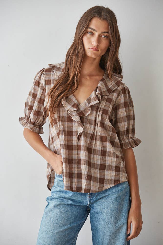 women's brown plaid top, brown plaid blouse, brown and cream plaid top, plaid ruffle blouse, ruffle v neck top, women's plaid fall top, western plaid top, cowgirl plaid shirt, puff sleeve plaid blouse, women's western top, brown fall blouse, country concert outfit women, western fall outfit women, plaid matching set women, matching top and skirt set, brown plaid matching set, fall matching set women, western matching set, plaid top with jeans, fall top with cowboy boots, women's boutique fall clothing