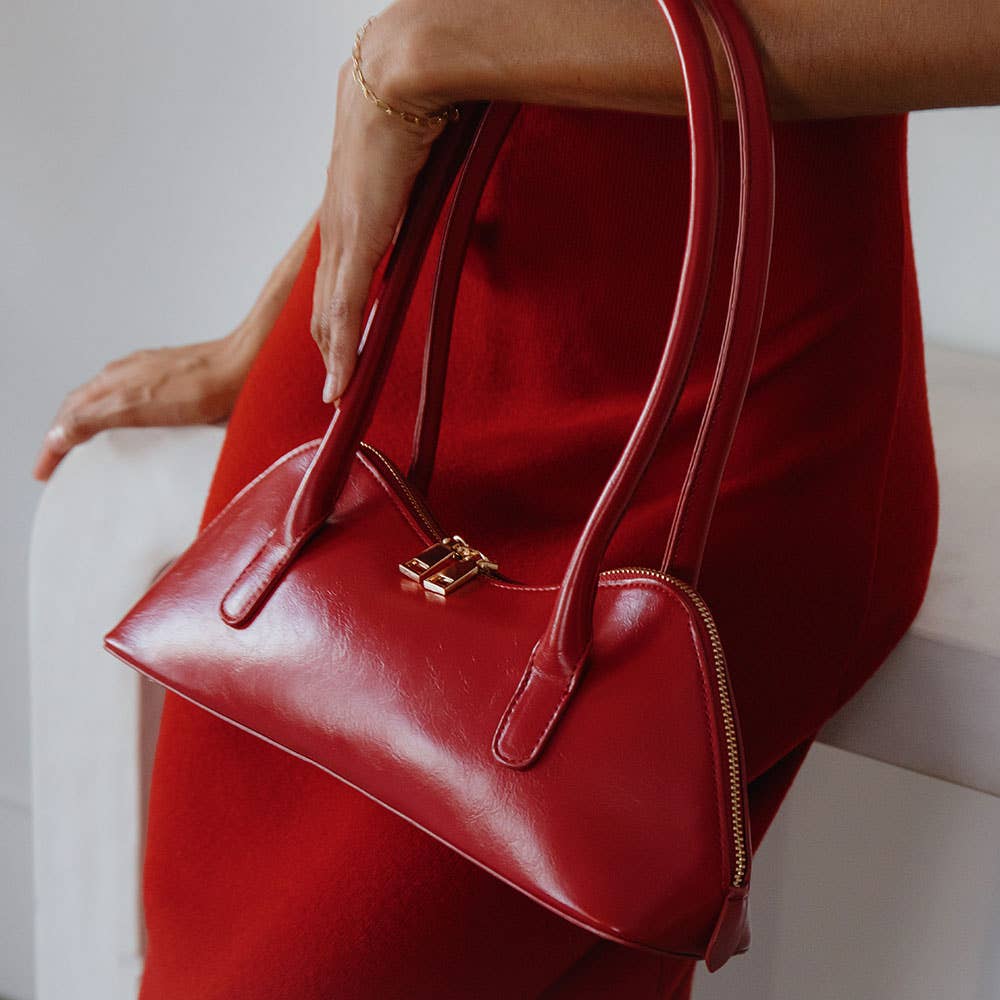 red shoulder bag shown on model