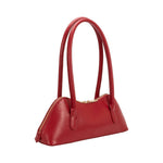 red handbag with long shoulder straps and gold zipper