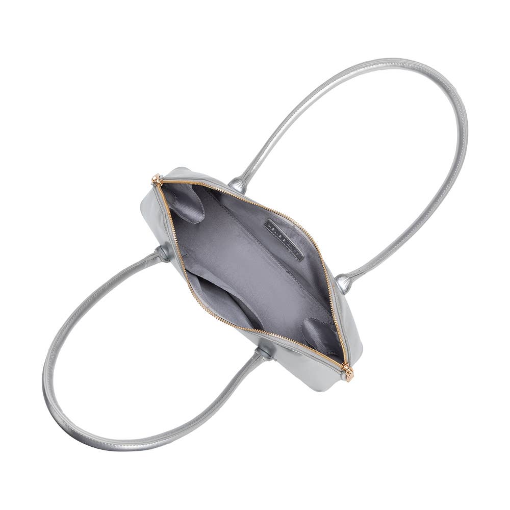 interior pockets of silver shoulder bag