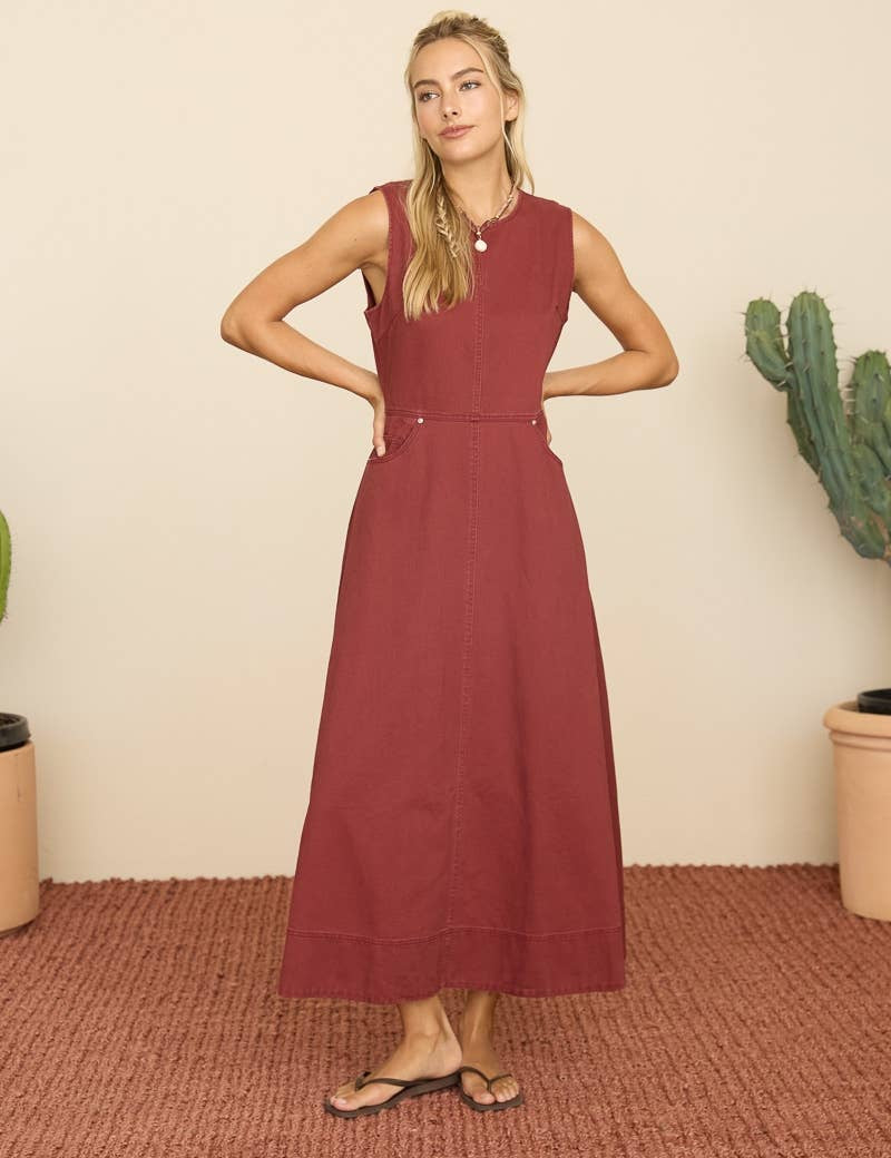 burgundy midi dress, sleeveless A-line midi dress, fall midi dress with pockets, classic burgundy dress, women's occasion dress, everyday midi dress, boutique women's dress, West of May Boutique