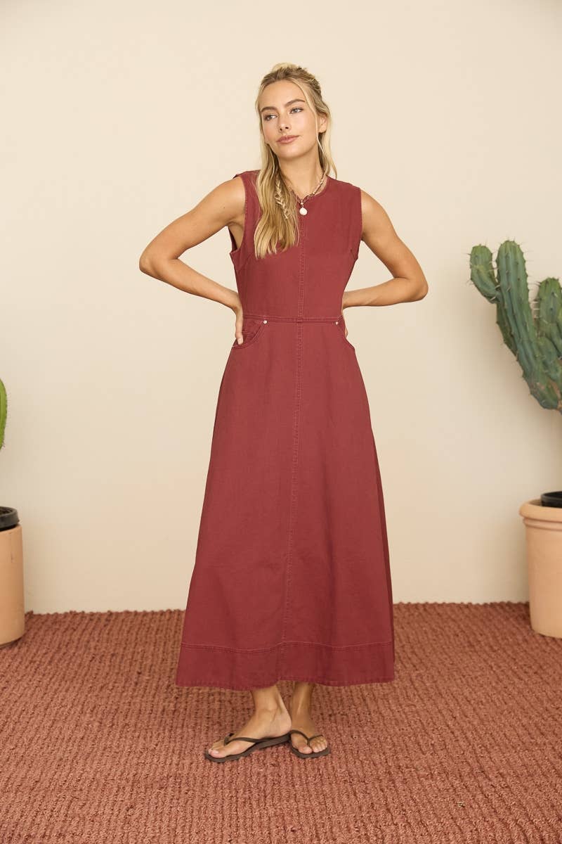 burgundy midi dress, sleeveless A-line midi dress, fall midi dress with pockets, classic burgundy dress, women's occasion dress, everyday midi dress, boutique women's dress, West of May Boutique