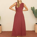 burgundy midi dress, sleeveless A-line midi dress, fall midi dress with pockets, classic burgundy dress, women's occasion dress, everyday midi dress, boutique women's dress, West of May Boutique