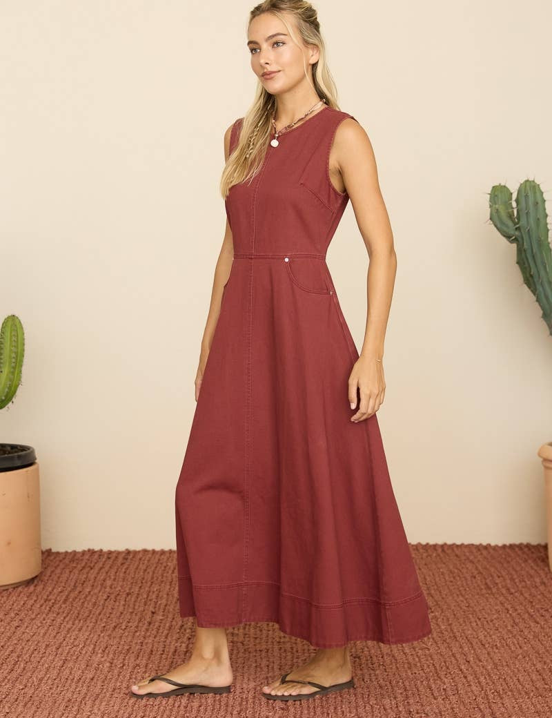 burgundy midi dress, sleeveless A-line midi dress, fall midi dress with pockets, classic burgundy dress, women's occasion dress, everyday midi dress, boutique women's dress, West of May Boutique