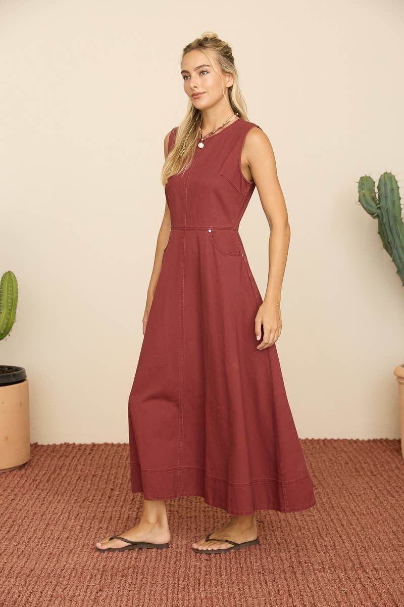 burgundy midi dress, sleeveless A-line midi dress, fall midi dress with pockets, classic burgundy dress, women's occasion dress, everyday midi dress, boutique women's dress, West of May Boutique