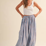 striped balloon pants, cotton balloon pants, striped drawstring pants, women's striped pants, blue and burgundy striped pants, relaxed fit pants, boho cotton pants, comfortable casual pants, fall casual outfit, women's boutique pants, west of may boutique