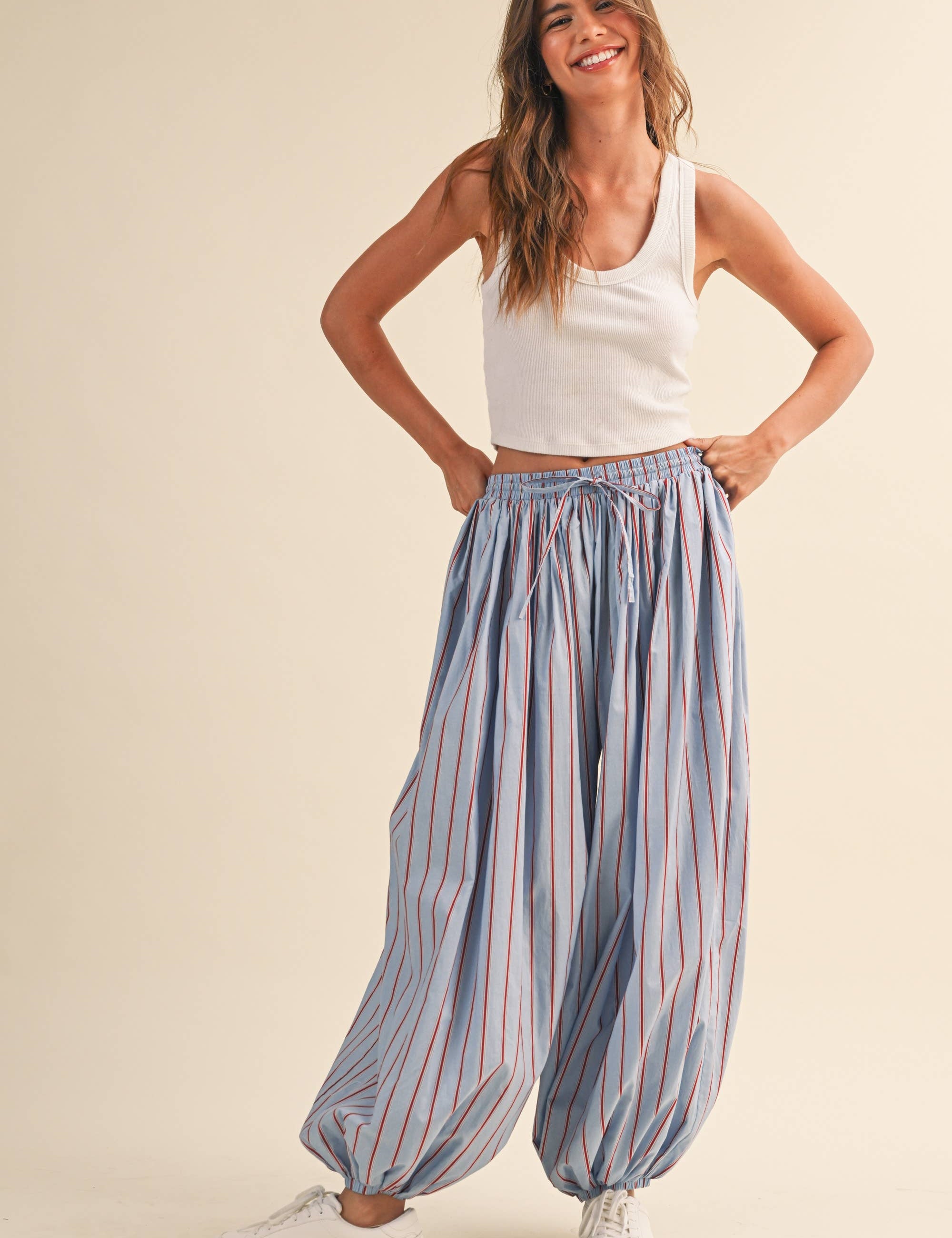 striped balloon pants, cotton balloon pants, striped drawstring pants, women's striped pants, blue and burgundy striped pants, relaxed fit pants, boho cotton pants, comfortable casual pants, fall casual outfit, women's boutique pants, west of may boutique