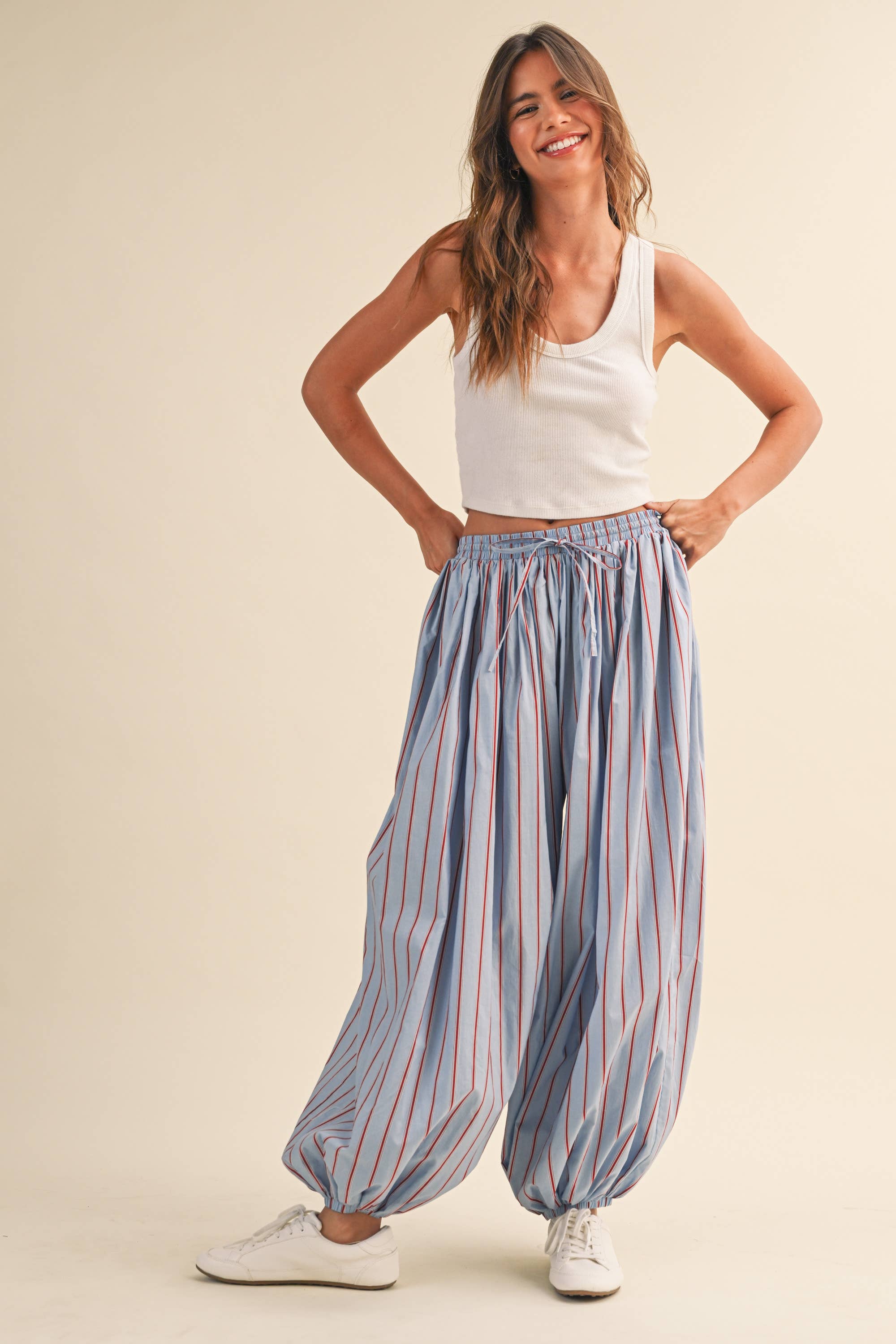 striped balloon pants, cotton balloon pants, striped drawstring pants, women's striped pants, blue and burgundy striped pants, relaxed fit pants, boho cotton pants, comfortable casual pants, fall casual outfit, women's boutique pants, west of may boutique